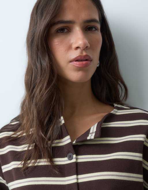 New Look button through long sleeved top co-ord in brown & yellow stripe, 3 of 4