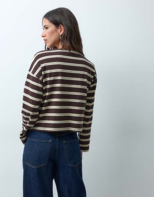New Look button through long sleeved top co-ord in brown & yellow stripe, 4 of 4