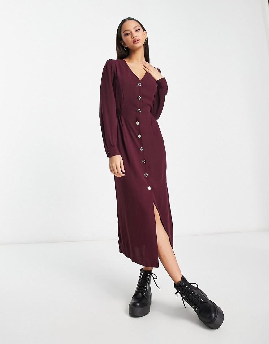 New Look button through midi dress in burgundy-Red