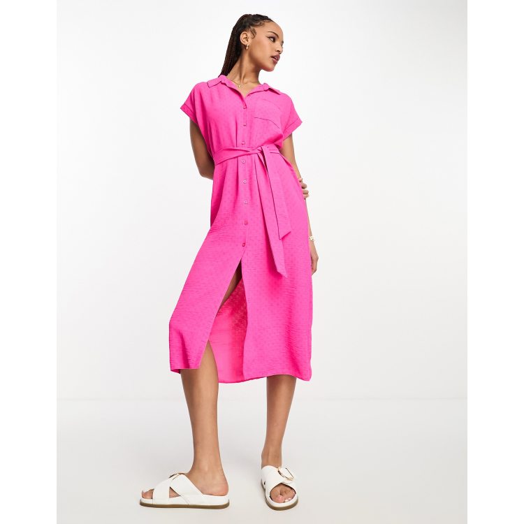 New Look button through midi shirt dress in bright pink | ASOS