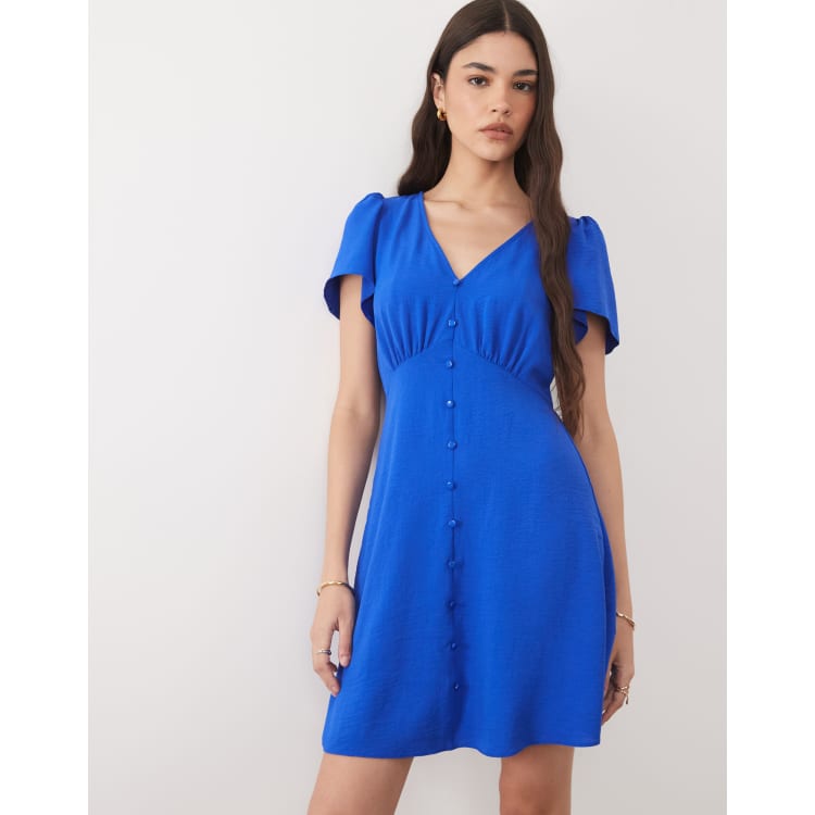 New Look button through mini tea dress in bright blue | ASOS