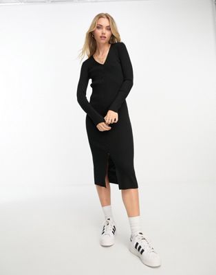 New Look button through ribbed knitted dress in black