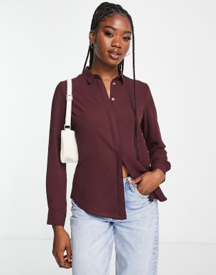 New Look button through shirt in burgundy-Red