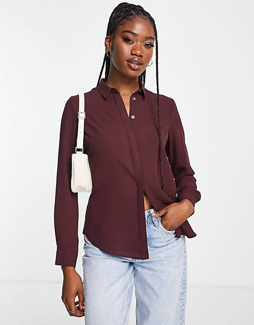 New Look button through shirt in burgundy | ASOS