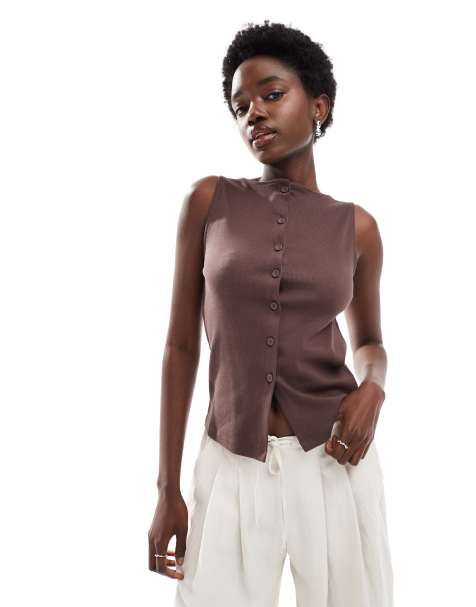 New Look button-through tank top in brown - view 1