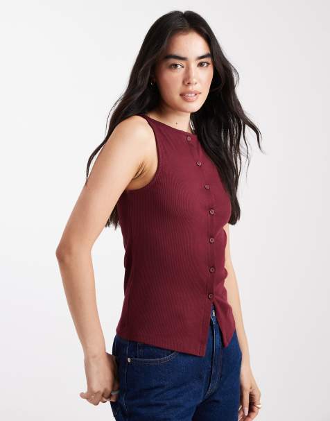 New Look button through tank top in burgundy - view 1