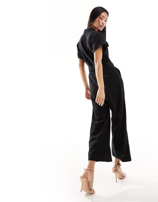 New Look button through tie waist jumpsuit in black ASOS