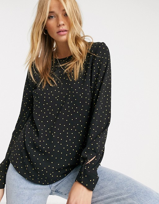 New Look button up back blouse in black polka dot