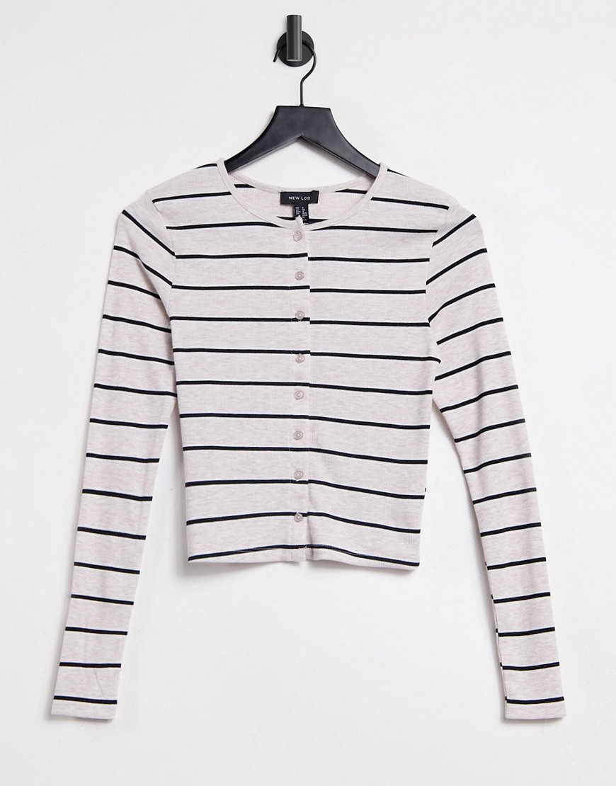 New Look button up cardigan top in stripe-Brown