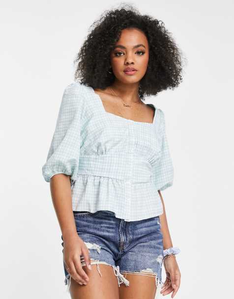 New Look button up tea blouse in mint check - view 1