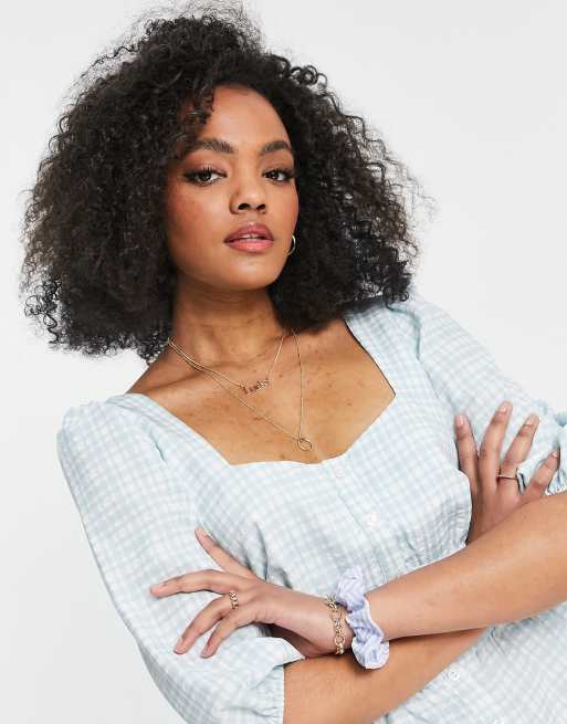 New Look button up tea blouse in mint check, 3 of 4