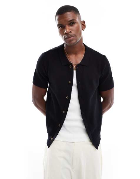 New Look buttoned down ribbed knit shirt in black - view 1