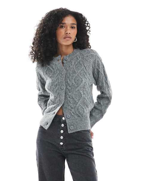 New Look cable crew neck cardigan in mid grey - view 1