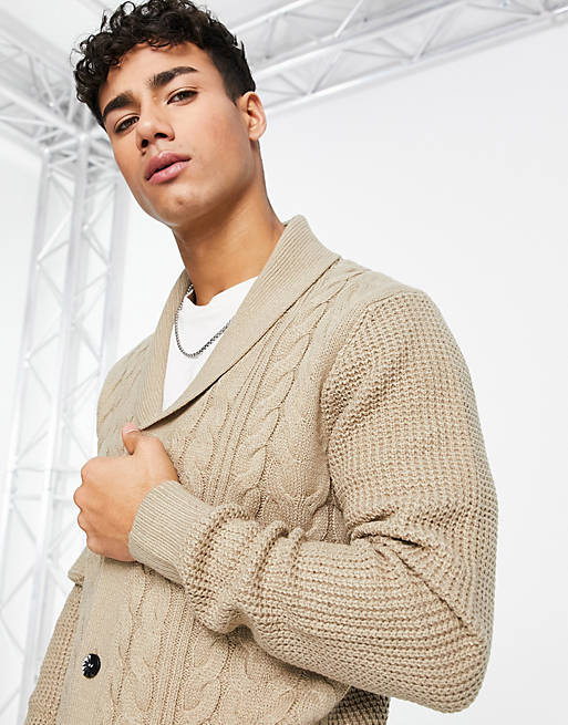 New Look cable front shawl neck cardigan in stone | ASOS