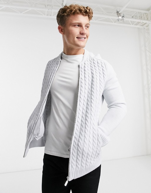New Look cable knit baseball cardigan in grey