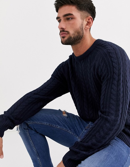 New Look cable knit crew neck jumper in navy