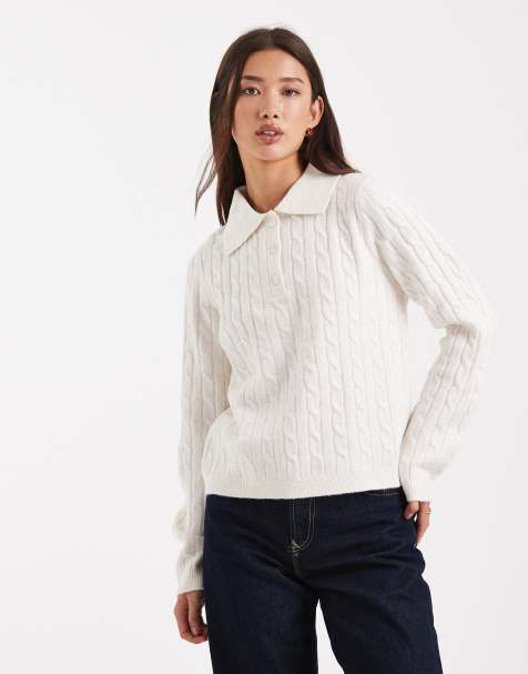 New Look cable knit polo jumper in cream - view 1