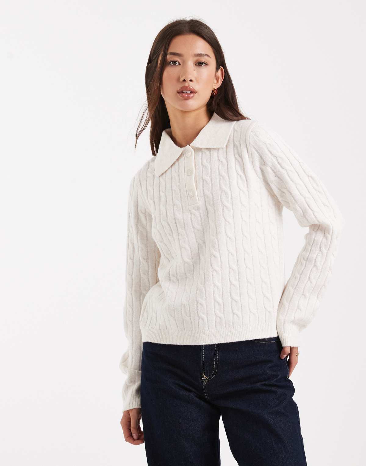 New Look cable knit polo jumper in cream