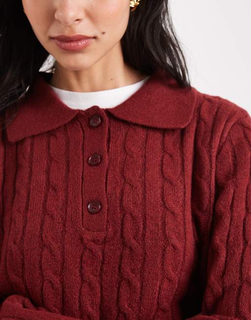 New Look cable knit polo jumper in red, 3 of 4