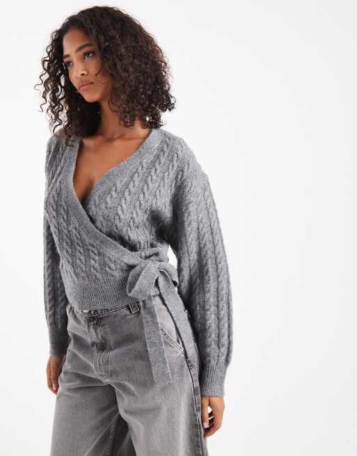 New Look cable knit wrap cardigan in mid gray