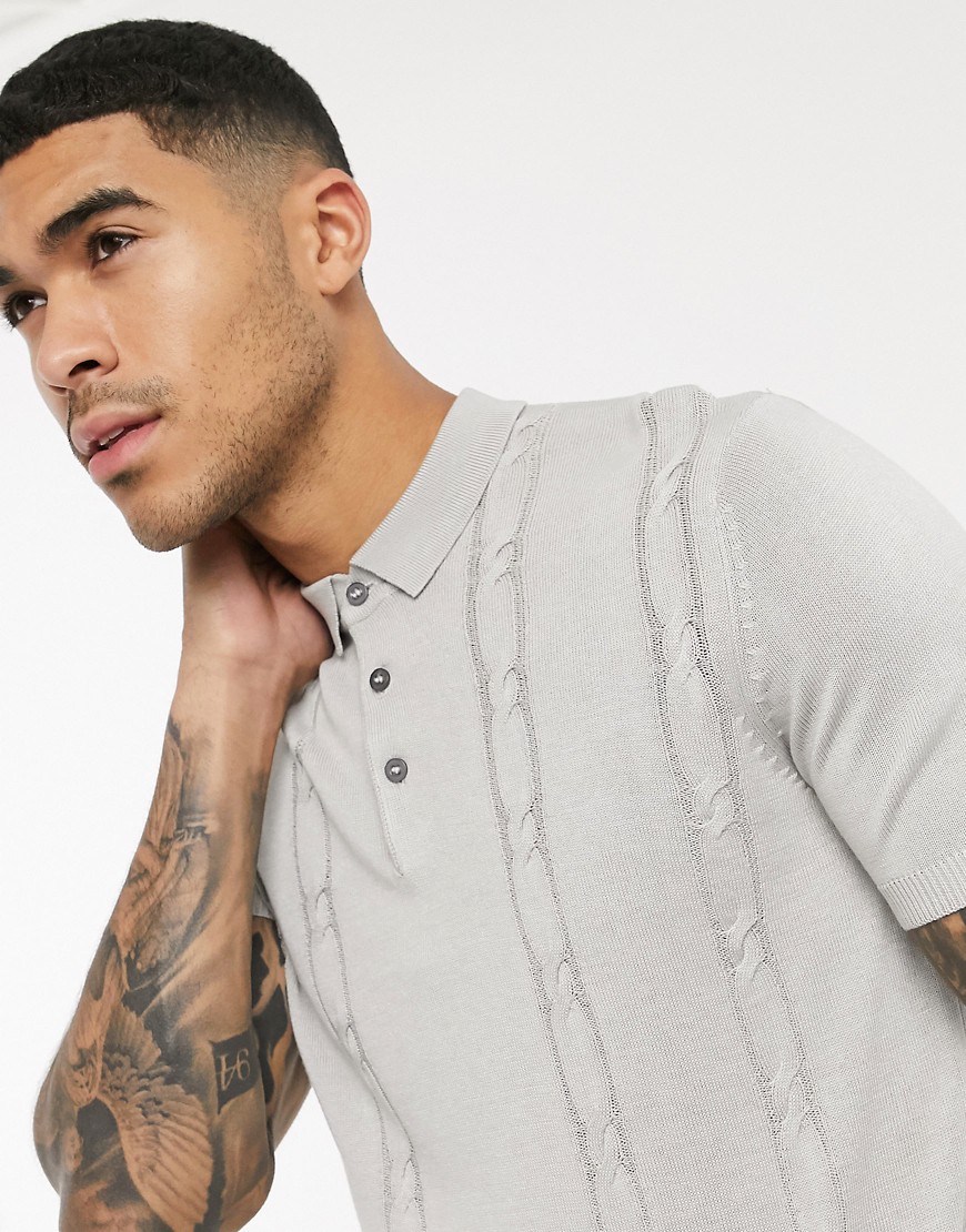 New Look cable knitted polo in grey