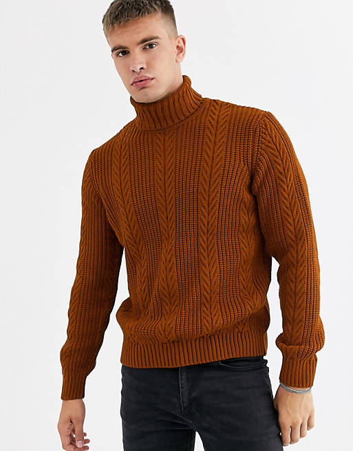 New Look cable pattern roll neck jumper in burnt orange | ASOS