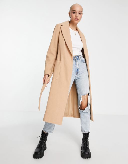 New Look – Camelowy płaszcz o wydłużonym fasonie, z paskiem