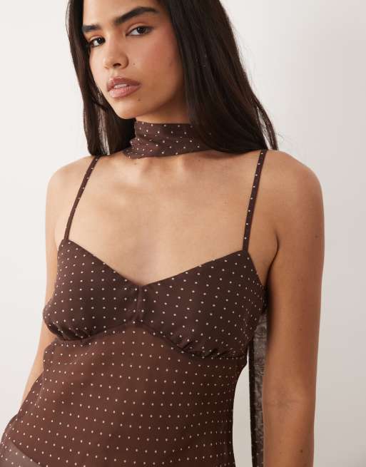 New Look - Cami met stippen en sjaal in donkerbruin, 2 van 4