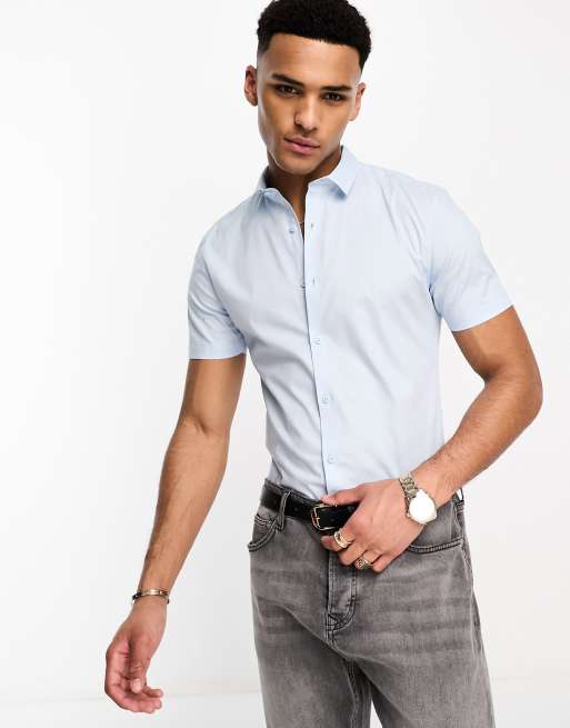 New Look - Camicia a maniche corte attillata in popeline a maniche lunghe azzurra