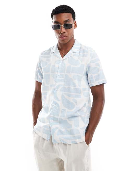 New Look - Camicia a maniche corte azzurra con stampa astratta in misto lino