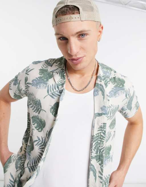 Camicia a maniche corte bianca con stampa con foglie Ellino Asos Uomo Abbigliamento Camicie Camicie a maniche corte 