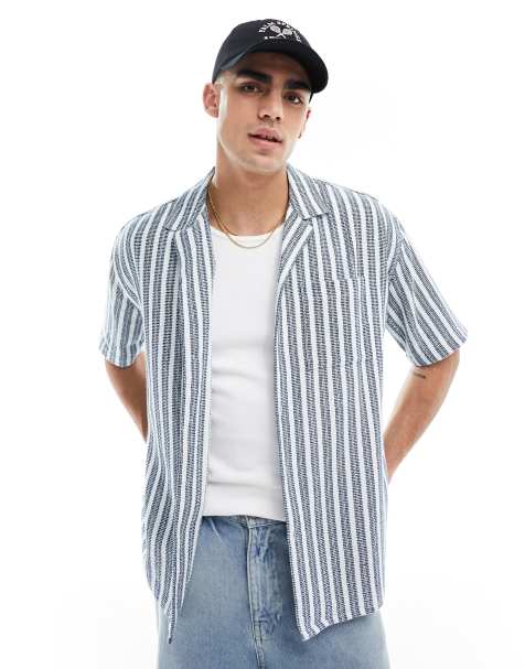 New Look - Camicia a maniche corte blu navy a righe testurizzata - view 1
