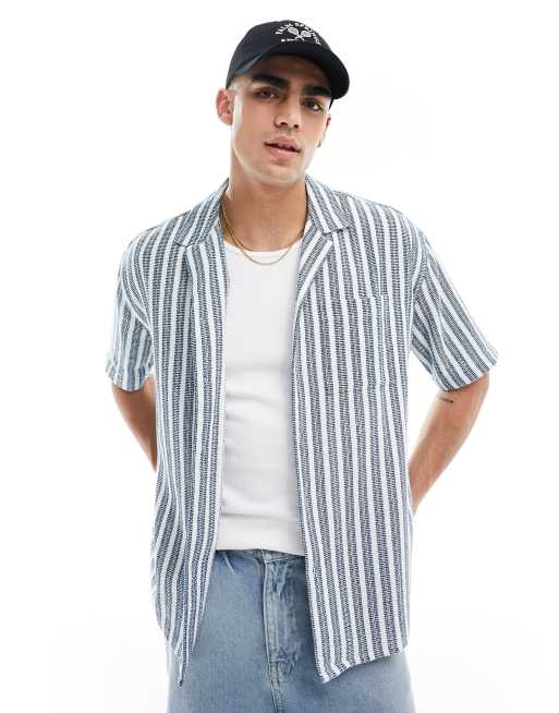 New Look - Camicia a maniche corte blu navy a righe testurizzata