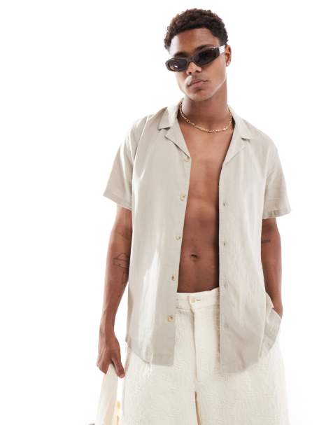 New Look - Camicia a maniche corte color pietra in misto lino - view 1