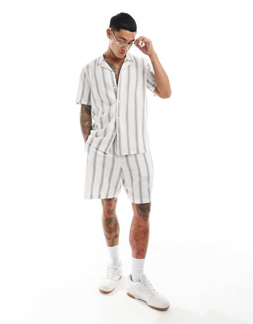 New Look - Camicia a maniche corte in misto lino bianca a righe