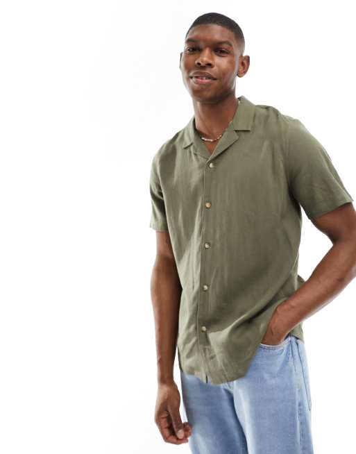 New Look - Camicia a maniche corte in misto lino kaki scuro