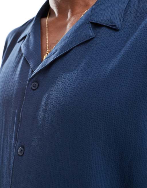 New Look - Camicia a maniche corte in seersucker morbido blu navy, 3 di 4