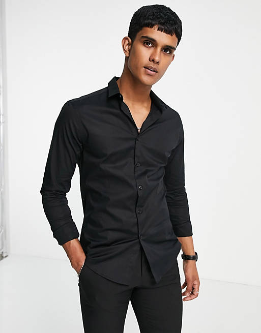 Camicia a maniche lunghe attillata in popeline nera Asos Uomo Abbigliamento Camicie Camicie a maniche lunghe 