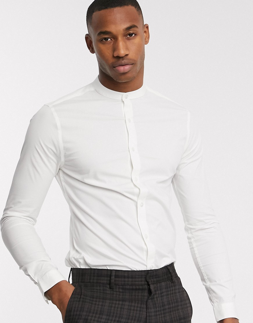 New Look - Camicia a maniche lunghe in popeline bianco con collo serafino