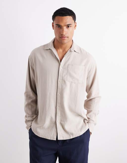 New Look - Camicia a maniche lunghe vaporosa effetto lino color pietra in coordinato