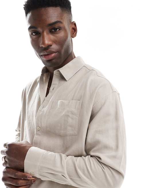 New Look - Camicia a maniche lunghe vaporosa in misto lino color pietra in coordinato