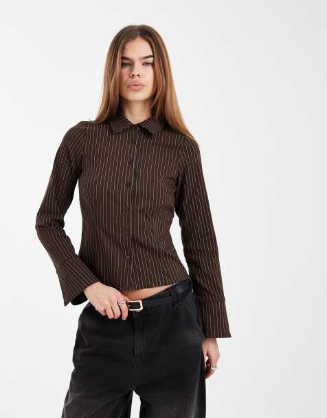 New Look - Camicia aderente in bengalina marrone a righe - view 1