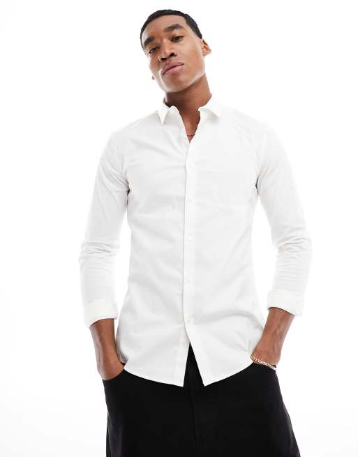 New Look - Camicia attillata a maniche lunghe in popeline bianco