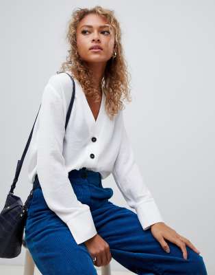 Camicia Donna Versatile Elegante Camicia Denim Chambray TUREAU Donna - Top Casual Con Scollo A V E Maniche Lunghe Camicia Maniche Lunghe Blu