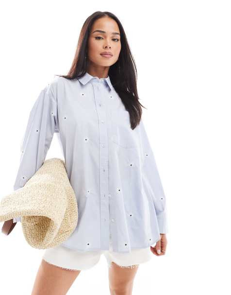 New Look - Camicia blu con margherite ricamate - view 1