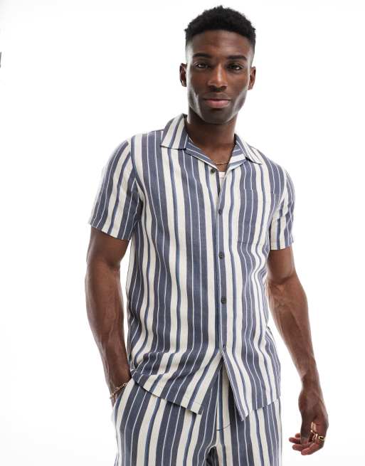 New Look - Camicia blu navy a righe in misto lino in coordinato