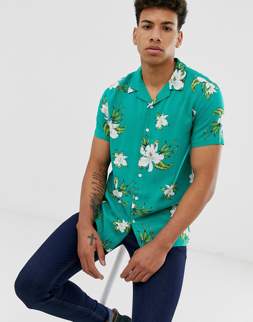 New Look - Camicia con rever in viscosa e stampa a fiori verde-azzurra