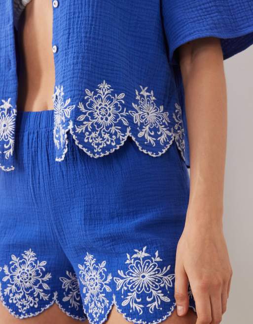 New Look - Camicia da mare corta ricamata blu medio in coordinato, 3 di 4