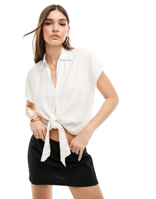 New Look - Camicia effetto lino bianco sporco allacciata sul davanti