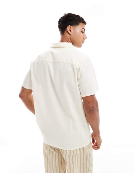New Look - Camicia effetto lino bianco sporco con ricamo di olive e rever, 3 di 4